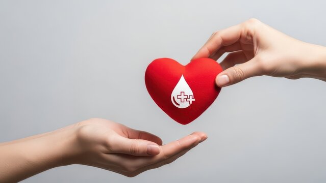 Closeup of two hands exchanging a small red heart symbol with a white blood drop graphic on it, symbolizing blood donation, organ donation, or love and care against a neutral gray background