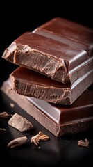 Dark chocolate stacked on a black surface with chocolate shavings and pieces displayed attractively