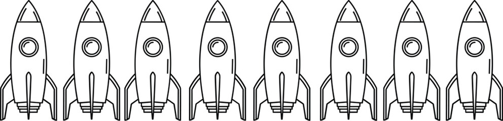 Rocket icon set, space illustration, cartoon rocket, vector design, blue outline, educational graphic, symmetry, technology, science, minimal style