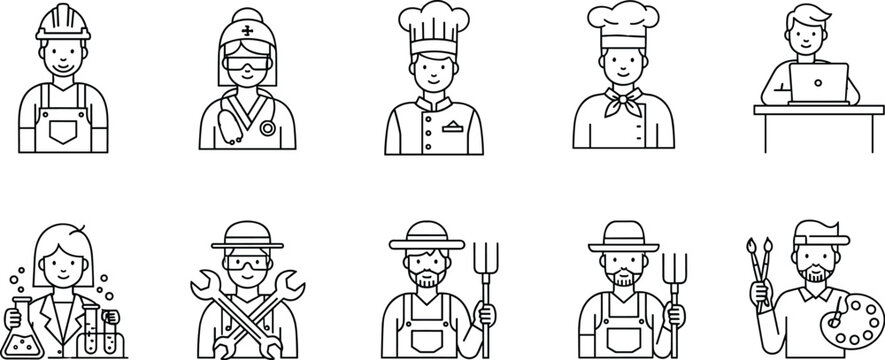 Professions outline icons, career illustration set, diverse occupations, vector workers, job roles, employment concept, editable line art, minimal style