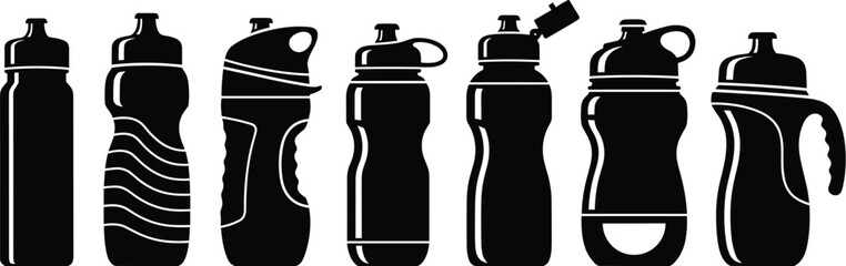 Water bottle silhouettes, ergonomic design, plastic container, hydration gear, sports accessory, fitness bottle, reusable, grip texture, cap styles, handle shapes