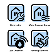 Home Repair and Maintenance Icons Set – Renovation, Drying, Leak Detection, Painting