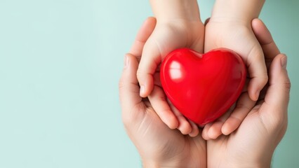 Obraz premium Adult and child hands gently cupping and holding a shiny red heart symbol against a soft, light blue background, representing love, care, and family connection