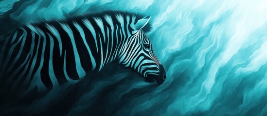 Naklejka premium Zebra portrait, teal waves background, artistic