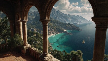 Ancient Stone Balcony Overlooking Lush Mediterranean Coastline With Azure Waters And Distant Village