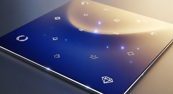 Abstract blue surface with glowing icons and light reflection on edges