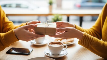 Closeup of two people exchanging a small, wrapped gift box over a wooden table in a cafe setting, with cups of coffee and a smartphone visible