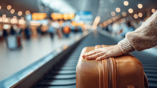 Waiting at the airport for luggage on a busy travel day with blurred movement in the background - Powered by Adobe
