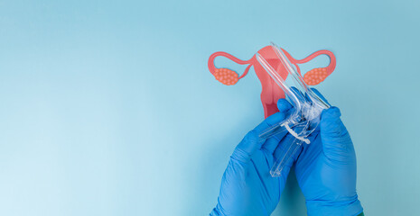 A gynecologist's hands hold a plastic speculum and a cardstock uterus against a light blue...