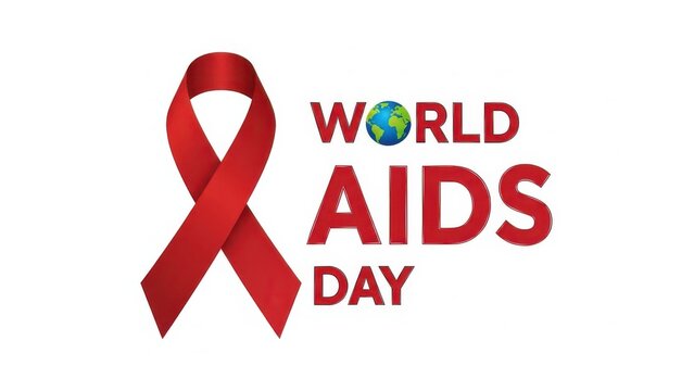 World aids day graphic featuring a prominent red awareness ribbon next to the text world aids day with a small globe replacing the o in world, isolated on white background - Powered by Adobe