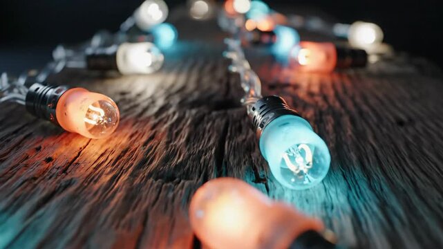 Colorful glowing string lights on rustic wooden surface with warm and cool tones