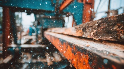 Construction site in winter with snow falling on wooden beams during afternoon hours