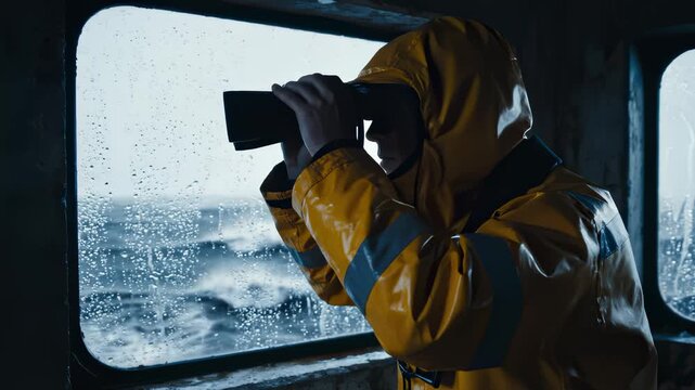 Fisherman Looks Through Binoculars on Boat During Rainy Day at Sea