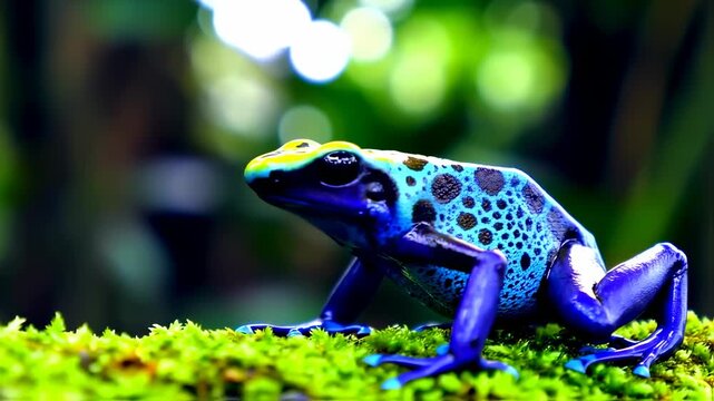 Captivating Blue Poison Dart Frog Close-Up in Lush Rainforest Environment Footage