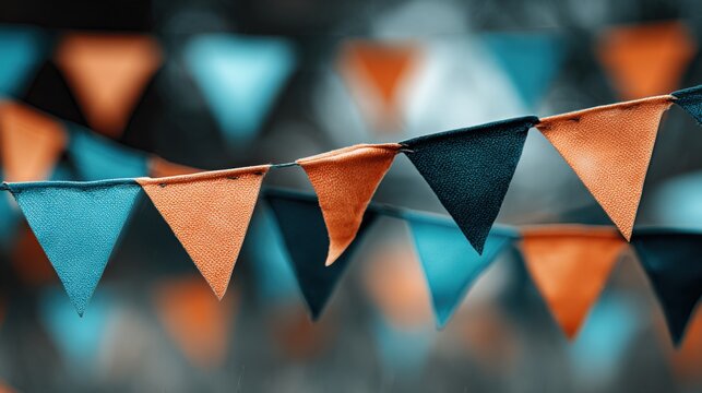 Colorful bunting flags decorated for a festive outdoor event during the daytime in a garden setting - Powered by Adobe