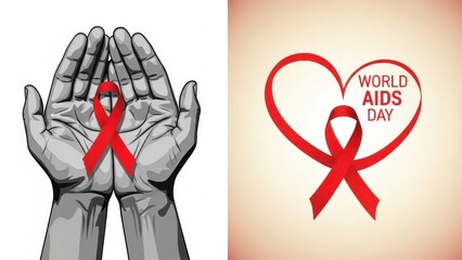 World aids day concept featuring a red ribbon held in cupped hands and a graphic with a red ribbon inside a heart shape with text celebrating the day