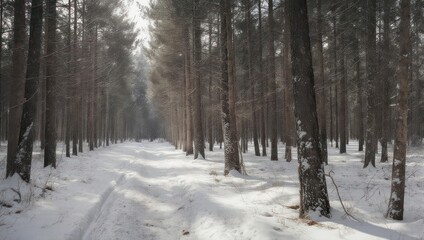 Fototapeta premium Snowy Forest Path - Winter Wonderland in the Woods.