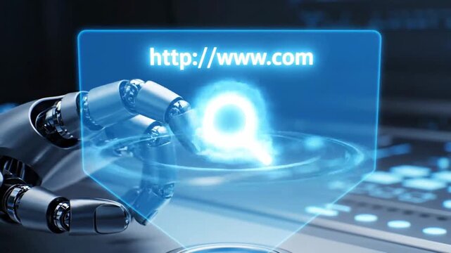 AI Robot Hand Tapping Holographic Search Bar Technology Concept