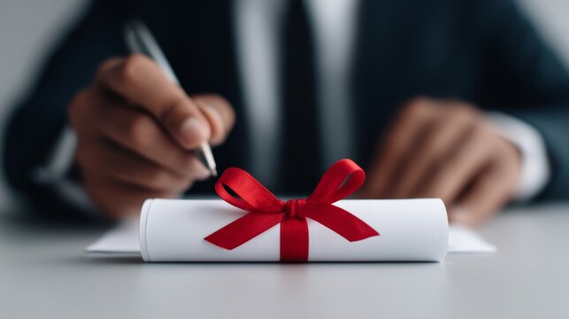 Elegant Certificate Presentation with Ribbon and Hand Signing Document in Professional Environment Capturing Achievement and Celebration