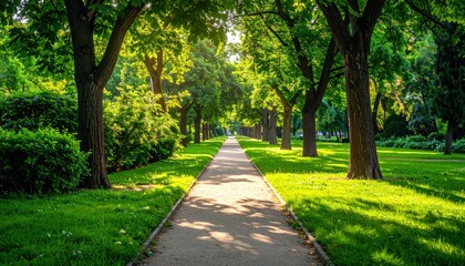Fototapeta premium Pathway in a green European park surrounded by trees. Concept of urban greenery, eco friendly environments