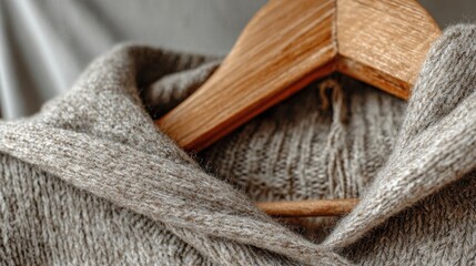 Warm gray sweater hanging on a wooden hanger in a cozy indoor setting during afternoon light