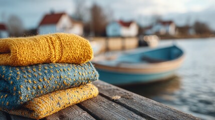Warm knitted sweaters stacked by a serene lake with a wooden dock and a small boat in the background during early evening light