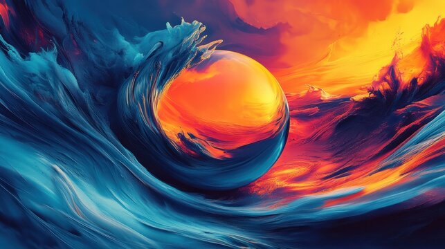 Abstract orb in vibrant wave, fiery sky; cosmic art, design
