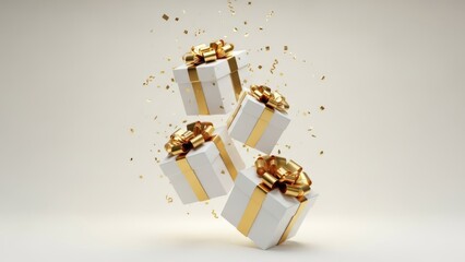 Four white gift boxes with golden ribbon and bow falling or floating in the air with gold confetti sprinkles against a light beige background, perfect for celebration or holiday concept