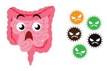 Cartoon intestine reacting to harmful germs, representing gut infection or digestive illness