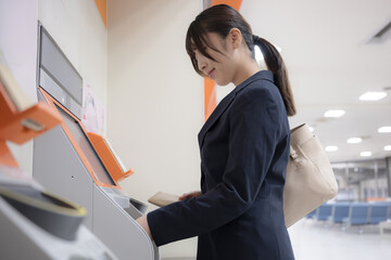 駅の券売機でチャージなどをするスーツの女性