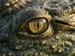 Fototapeta premium Close-up of a crocodile's golden eye with vertical pupil and textured, scaly skin covered in water droplets.