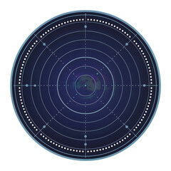 Circular radar screen display with scanning grid lines and central target isolated on transparent background