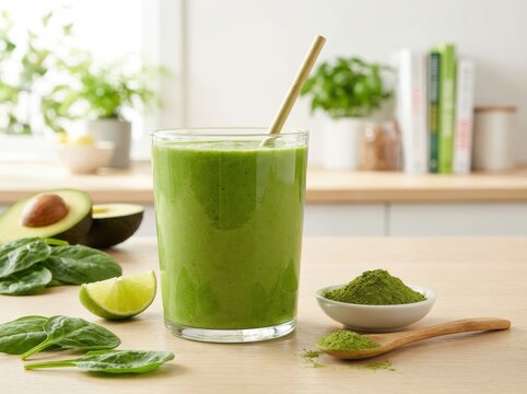A refreshing green smoothie, featuring avocado, spinach, and lime, in a glass with a straw.