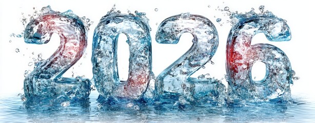 Year 2026 Numerals Constructed From Splashing Water Overlapping Red Gradient Isolated On White