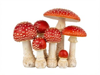 Obraz premium A close-up view of several vibrant red and white spotted mushrooms, showcasing their unique caps and stems.