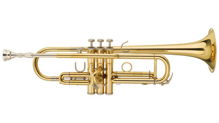 Obraz premium Shiny brass trumpet musical instrument with valves and mouthpiece for classical music isolated on transparent background