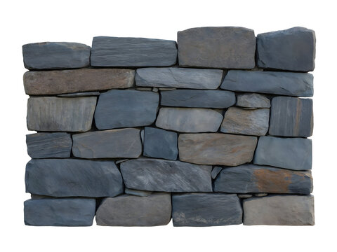 Natural stone wall section featuring various rugged grey and blue rocks isolated on transparent background