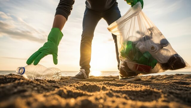 Person wearing green glove bending down on sandy beach at sunset or sunrise to pick up plastic bottle, cleaning up trash and pollution while holding a bag full of collected waste