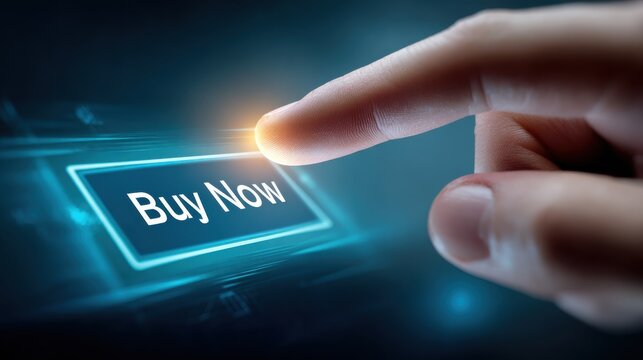Finger hovering over a digital buy now button on a futuristic touchscreen display during online shopping