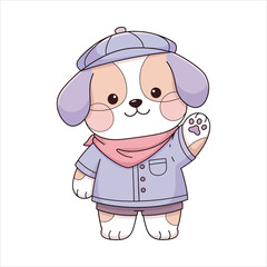 Cute cartoon puppy character in a delightful outfit, cheerfully waving, embodying warmth and friendly greeting