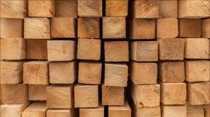 Fototapeta premium Stacked wooden beams showcasing various textures and shades in a construction yard during daylight hours
