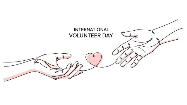 Minimalist line art illustration celebrating international volunteer day featuring two reaching hands connected by a string with a heart, isolated on white background
