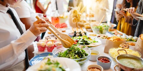 A diverse group enjoys a buffet with salads, pastries, and drinks. People serve themselves from a variety of dishes at a lively gathering or event. Woman picking salad and food from a lunch buffet.