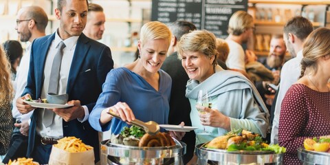 People enjoying a buffet. Buffet table with variety dishes at social event. Happy diverse people chatting and enjoy with food and drink. Buffet table with social gathering, diverse crowd, buffet.
