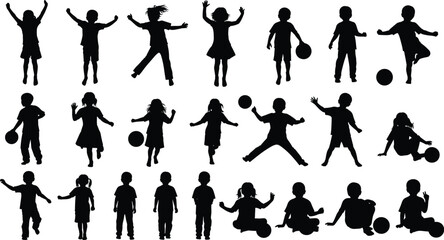 Children silhouette, playful kids, jumping child, dancing pose, active youth, childhood movement, black figure, energetic play, fun activity, sports action