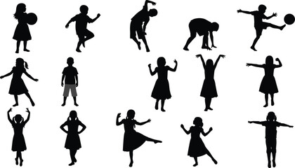 Children silhouette, playful poses, expressive movement, dancing kids, jumping figures, active lifestyle, childhood joy, body language, dynamic energy, outdoor fun