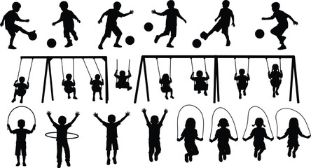 Naklejka premium Children, silhouette, playground, soccer, swing, hula hoop, skipping, active kids, outdoor play, fun, movement, energy, black, vector, icon, childhood, recreation, sports, jumping, fitness