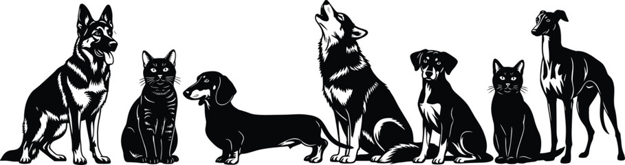 Dog and cat silhouette collection featuring multiple breeds sitting standing and howling in clean detailed black pet illustration for stock design