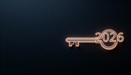 Glowing Neon Key Illustration with the Year 2026 on a Dark Background for Creative Concepts