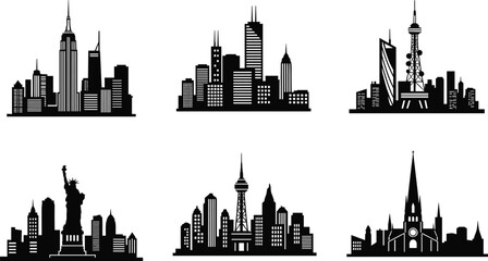 Naklejka premium City skylines silhouette, iconic landmarks, urban architecture, global destinations, travel concept, famous buildings, skyline art, tourism, vector illustration, black blue